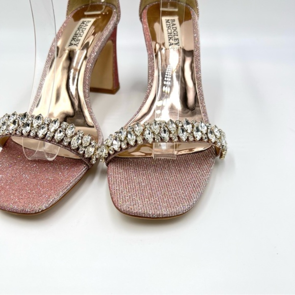 Badgley Mischka Size 8.5 Pink Silver Block‎ Heels Open Toe Dress Sandal Shoes - Picture 5 of 14